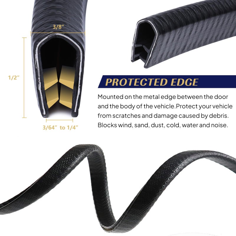 GoldWheel حافة إطار جولدويل بلاك يو-تشانل من المطاط مع فولاذ 1/2" × 3/8" - تناسب الفجوة 3/64" إلى 1/4" شريط ختم حافة باب السيارة من PVC مع عزل الطقس، واقي حافة معدني، 12 قدم - Image 2
